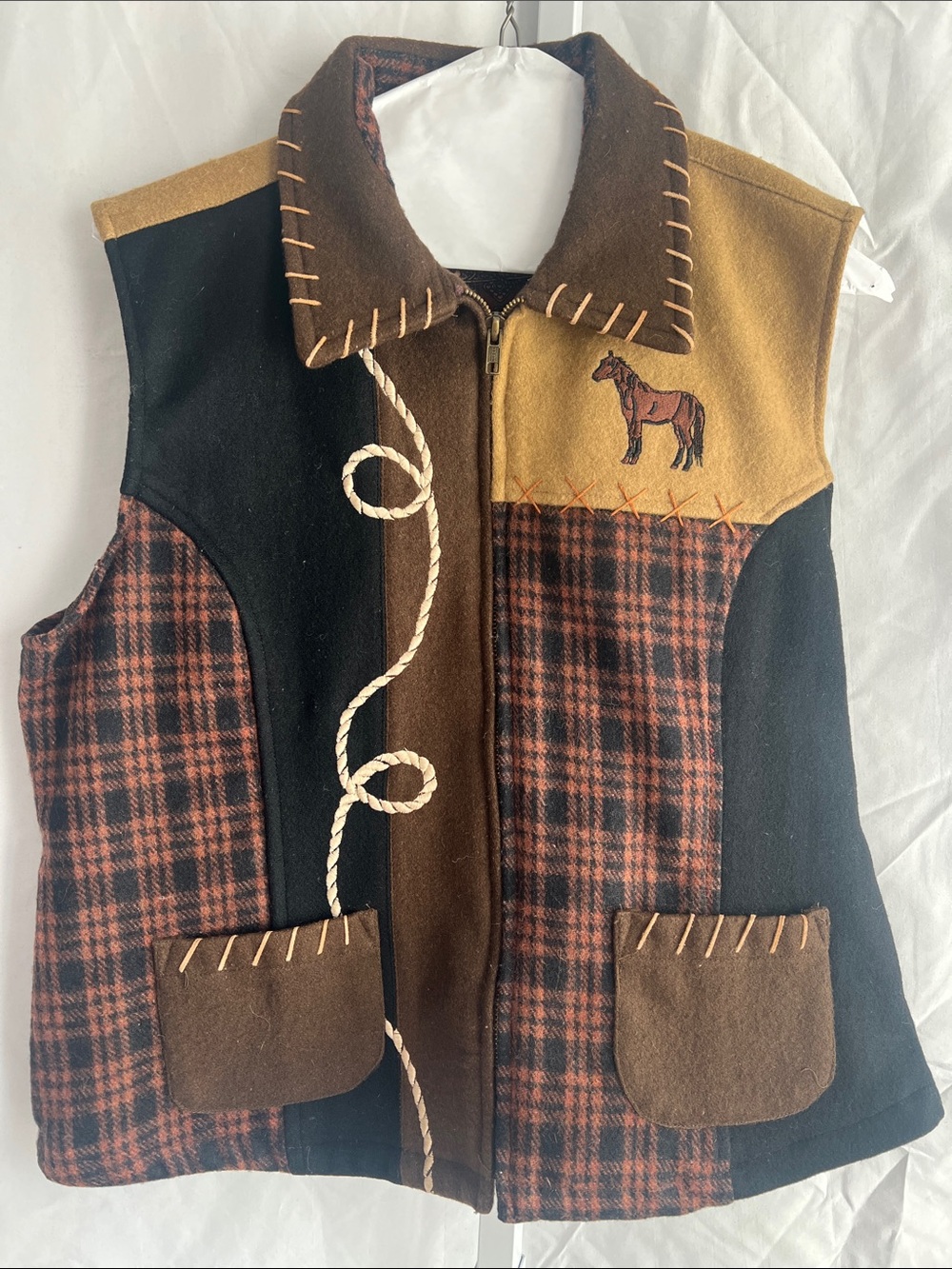 Brown Plaid Western-Inspired Wool Blend Vest with Horse Detail 70% Wool